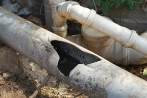 A cracked and damaged sewer pipe partially buried in dirt, exposing dark debris inside. Nearby, additional intact piping is visible.