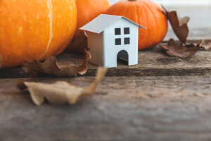 Picture of a white house next to pumpkins and fall leaves, symbolizing that it's the time of year to protect your home comfort with fall furnace maintenance.