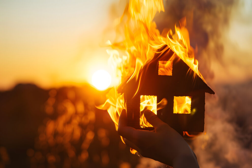A person holds a small house model up to the setting sun; the small house model is on fire, representing the many fire hazards and risks to your home safety that require a professional electrical inspection.