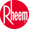 The Rheem logo: a bold red circle with "Rheem" in large white letters, stylized "R," and a registered trademark symbol.