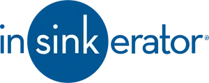 The InSinkErator logo features "sink" in a bold blue circle, with the rest of the name in blue on a white background.