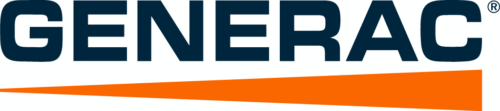 The Generac logo displays bold, dark blue lettering with a vibrant orange triangle pointing right beneath the "RAC.