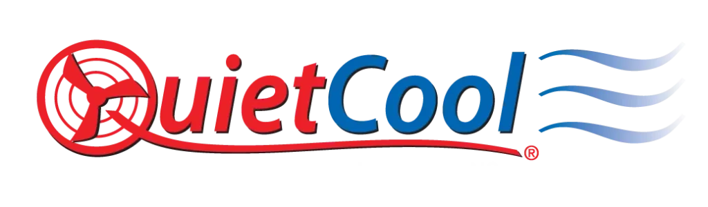 The QuietCool logo shows a red fan, the brand name in red and blue, blue airflow lines, and "Advanced Whole House Fans" below.