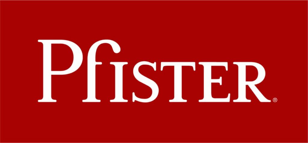 The word "Pfister" appears in a crisp white serif font, centered on a bold red background—a trusted brand for our team.