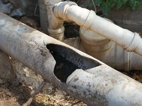 A cracked and damaged sewer pipe partially buried in dirt, exposing dark debris inside. Nearby, additional intact piping is visible.